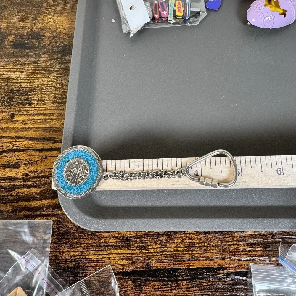 Vintage Alpaca Mexico Turquoise Inlay Sun Face Keychain Southwest Silver Tone